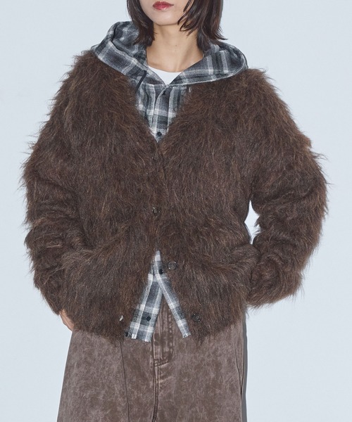 セール】モヘアライクシャギーニットルーズVネックカーディガン