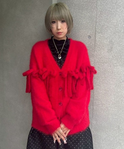 Candy Stripper(キャンディストリッパー)の「SHAGGY RIBBON KNIT カーディガン(カーディガン/ボレロ・レディース・ライトグレー/レッド/ブラック・FREE)」の10枚目の写真