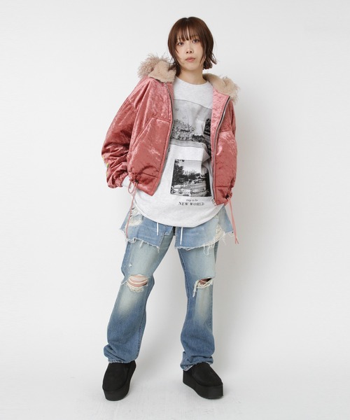 RNA(アールエヌエー)の「J2170 ベロアフードジャケット(ブルゾン・レディース・ピンク/オフホワイト/グレー・MEDIUM)」の8枚目の写真