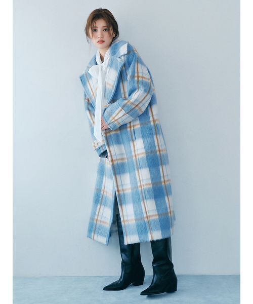 FURFUR（ファーファー）の「シャギーロングコート（チェスターコート・レディース・チェック/ライム/グレー・F）」の3枚目の写真