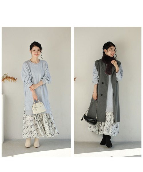 cawaii(カワイイ)の「裾に広がる花柄の重ね着風スウェットロングワンピース(ワンピース・レディース・グレー・FREE)」の10枚目の写真