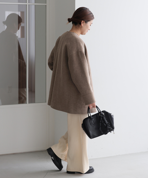 JOURNAL STANDARD（ジャーナルスタンダード）の「《追加2》スーパー140ビーバーノーカラーミドルコート（ノーカラーコート・レディース・ブラックミックス/ブラウン/グリーン/ブラック・36/38）」の9枚目の写真