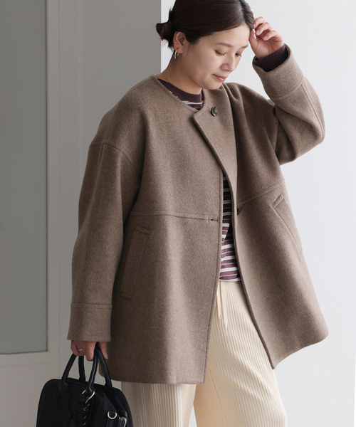 JOURNAL STANDARD（ジャーナルスタンダード）の「《追加2》スーパー140ビーバーノーカラーミドルコート（ノーカラーコート・レディース・ブラックミックス/ブラウン/グリーン/ブラック・36/38）」の11枚目の写真