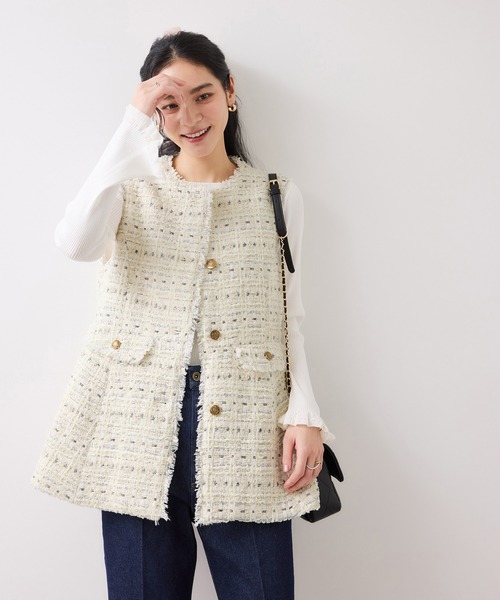 VIS（ビス）の「【WEB限定】ノーカラーツイードジレ（ベスト・レディース・ブラック/オフホワイト・FREE）」の9枚目の写真
