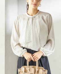 〈手洗い可能〉プリント タイ 長袖 ブラウス