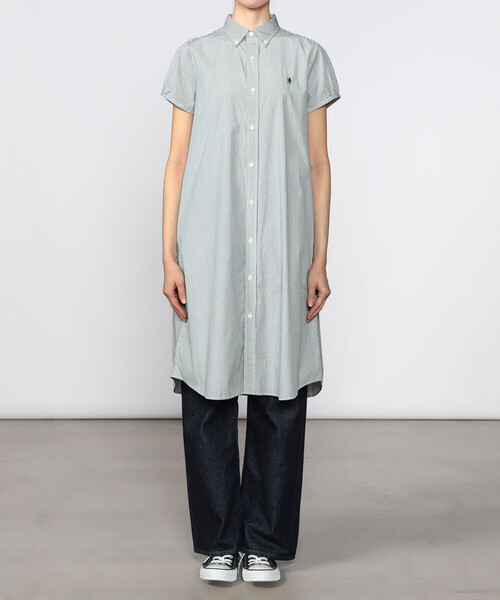 GYMPHLEX（ジムフレックス）の「Gymphlex | コットンストライプ フレンチスリーブシャツワンピース WOMEN（シャツワンピース・レディース・グリーン系その他・14）」の5枚目の写真