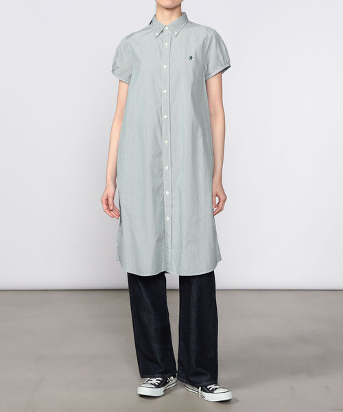 GYMPHLEX（ジムフレックス）の「Gymphlex | コットンストライプ フレンチスリーブシャツワンピース WOMEN（シャツワンピース・レディース・グリーン系その他・14）」の3枚目の写真