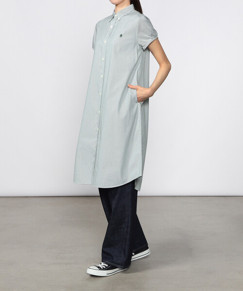 GYMPHLEX（ジムフレックス）の「Gymphlex | コットンストライプ フレンチスリーブシャツワンピース WOMEN（シャツワンピース・レディース・グリーン系その他・14）」の4枚目の写真