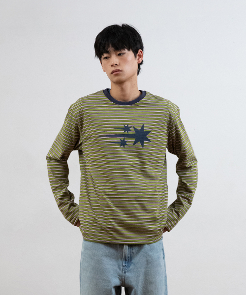 NICE GHOST CLUB(ナイスゴーストクラブ)の「STRIPE 3STAR LS TEE_GREEN(NG2GSUT562A)(Tシャツ/カットソー・レディース・グリーン・SMALL/MEDIUM/LARGE)」の1枚目の写真