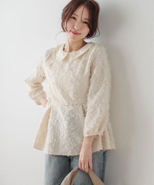 AMELY(エミリー)の「付け襟取り外し可能 2way ジャガードペプラムブラウス(シャツ/ブラウス・レディース・ブラック/ベージュ・L/M)」の2枚目の写真