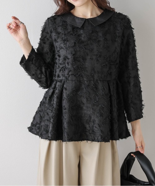 AMELY(エミリー)の「付け襟取り外し可能 2way ジャガードペプラムブラウス(シャツ/ブラウス・レディース・ブラック/ベージュ・L/M)」の4枚目の写真