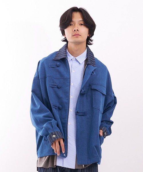 Nora Lily(ノラリリー)の「【Nora Lily】Sweat Denim China Blouson(テーラードジャケット・メンズ・インディゴブルー/ブラック・FREE)」の2枚目の写真