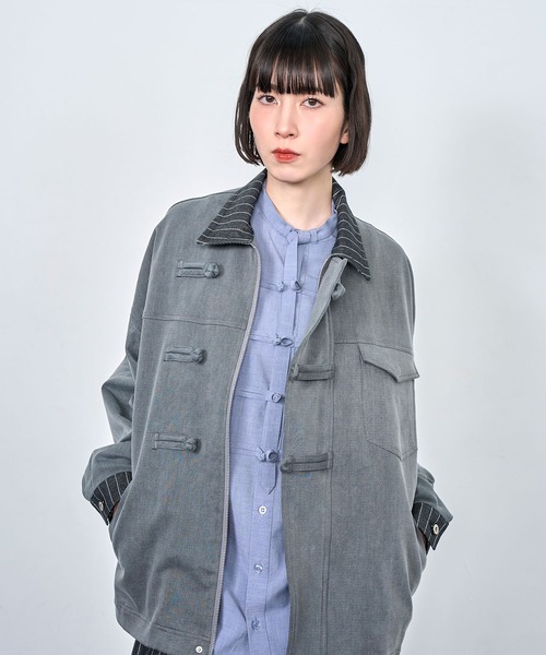 Nora Lily(ノラリリー)の「【Nora Lily】Sweat Denim China Blouson(テーラードジャケット・メンズ・インディゴブルー/ブラック・FREE)」の3枚目の写真