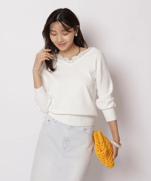 JUSGLITTY（ジャスグリッティー）の「前後２ＷＡＹレースゆるニット（ニット/セーター・レディース・ライトイエロー/ピンク/ネイビー/ホワイト・2）」の2枚目の写真