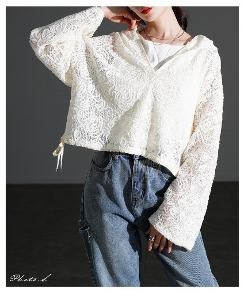 Sawa a la mode(サワアラモード)の「花柄モール刺繍レースショートフーディー(パーカー・レディース・アイボリー/ブラック/モカ・FREE)」の8枚目の写真