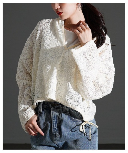 Sawa a la mode(サワアラモード)の「花柄モール刺繍レースショートフーディー(パーカー・レディース・アイボリー/ブラック/モカ・FREE)」の15枚目の写真