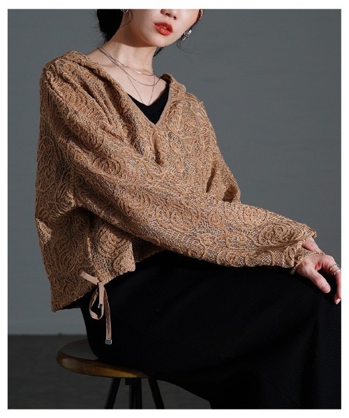 Sawa a la mode(サワアラモード)の「花柄モール刺繍レースショートフーディー(パーカー・レディース・アイボリー/ブラック/モカ・FREE)」の16枚目の写真