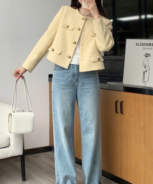 Sibra（シブラ）の「ゴールドボタンツイードノーカラージャケット（ノーカラージャケット・レディース・イエロー・M）」の3枚目の写真