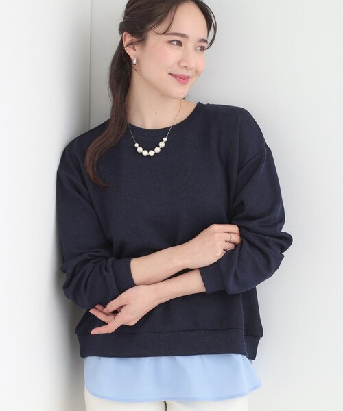 SHOO・LA・RUE(シューラルー)の「【洗濯機可】1枚でサマ見え ラメニットソー レイヤード風トップス(Tシャツ/カットソー・レディース・サックスブルー/グレー系2/ネイビー/ホワイト系5・03/02/01/04)」の1枚目の写真