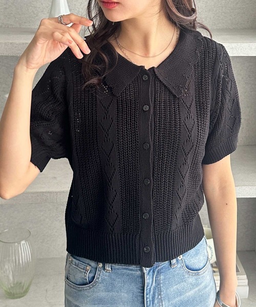 GeeRA(ジーラ)の「透かし編みポロ襟ニット(ニット/セーター・レディース・ブラック/オフホワイト/ベージュ・MEDIUM/LARGE)」の10枚目の写真