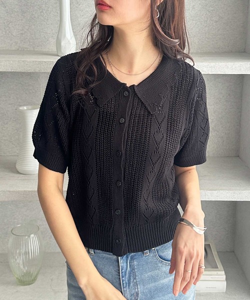 GeeRA(ジーラ)の「透かし編みポロ襟ニット(ニット/セーター・レディース・ブラック/オフホワイト/ベージュ・MEDIUM/LARGE)」の12枚目の写真