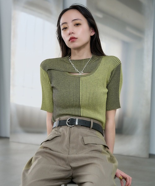 HARE（ハレ）の「マルチカラータイトニットトップス(HARE)（ニット/セーター・レディース・ブルー/イエロー・FREE）」の10枚目の写真