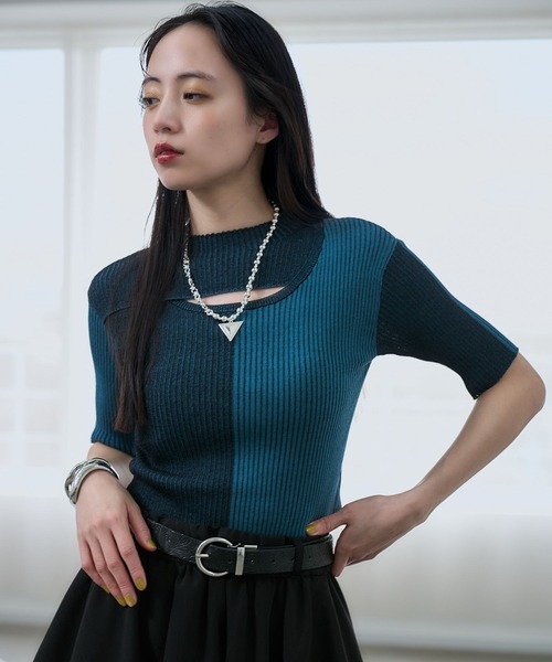 HARE（ハレ）の「マルチカラータイトニットトップス(HARE)（ニット/セーター・レディース・ブルー/イエロー・FREE）」の19枚目の写真