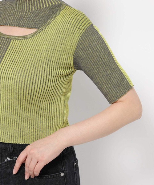 HARE（ハレ）の「マルチカラータイトニットトップス(HARE)（ニット/セーター・レディース・ブルー/イエロー・FREE）」の5枚目の写真