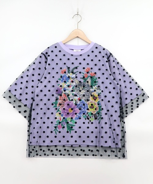 ScoLar（スカラー）の「161644：ドットチュール重ね花ネコ柄Tシャツ（Tシャツ/カットソー・レディース・イエロー/パープル/オフホワイト/ブラック・M）」の3枚目の写真