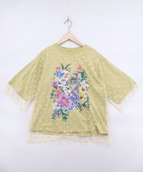 ScoLar（スカラー）の「161644：ドットチュール重ね花ネコ柄Tシャツ（Tシャツ/カットソー・レディース・イエロー/パープル/オフホワイト/ブラック・M）」の4枚目の写真