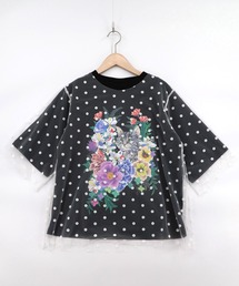 161644：ドットチュール重ね花ネコ柄Tシャツ
