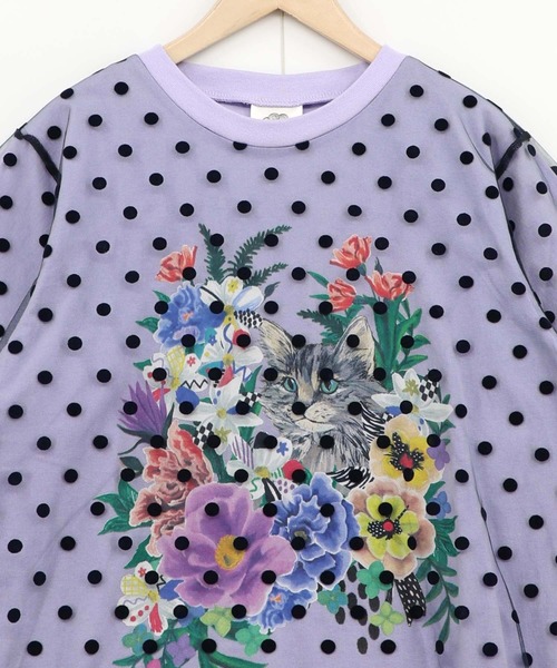 ScoLar（スカラー）の「161644：ドットチュール重ね花ネコ柄Tシャツ（Tシャツ/カットソー・レディース・イエロー/パープル/オフホワイト/ブラック・M）」の18枚目の写真