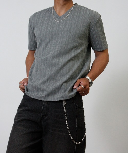 NYLAUS(ナイラス)の「【Nylaus】Vネック ランダム テレコ 半袖Tシャツ インナー(Tシャツ/カットソー・メンズ・ブラック/ネイビー/杢グレー/ホワイト・L/M/LL)」の3枚目の写真
