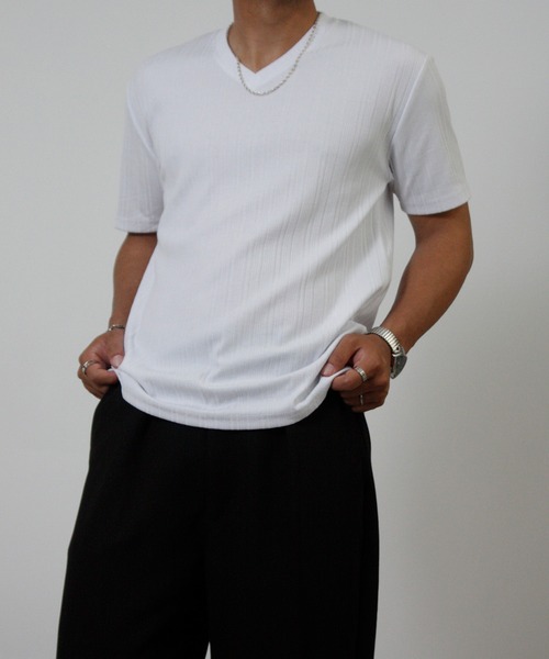 NYLAUS(ナイラス)の「【Nylaus】Vネック ランダム テレコ 半袖Tシャツ インナー(Tシャツ/カットソー・メンズ・ブラック/ネイビー/杢グレー/ホワイト・L/M/LL)」の2枚目の写真