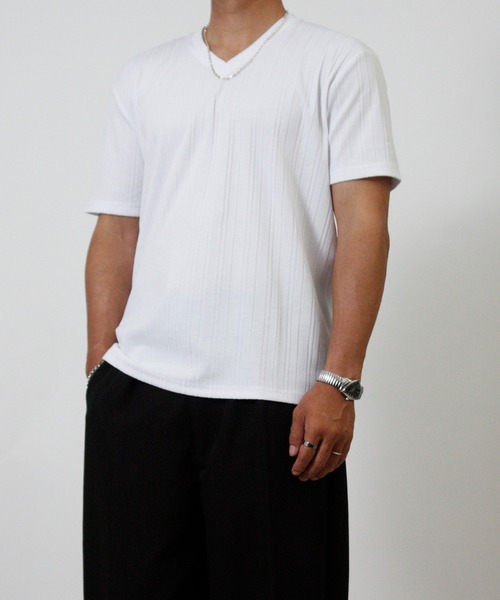 NYLAUS(ナイラス)の「【Nylaus】Vネック ランダム テレコ 半袖Tシャツ インナー(Tシャツ/カットソー・メンズ・ブラック/ネイビー/杢グレー/ホワイト・L/M/LL)」の5枚目の写真