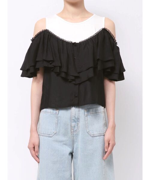 LAGUNAMOON(ラグナムーン)の「フレアデザインドッキングカットトップス 【夏服】【半袖】(Tシャツ/カットソー・レディース・ブラック/アイボリー・FREE)」の5枚目の写真