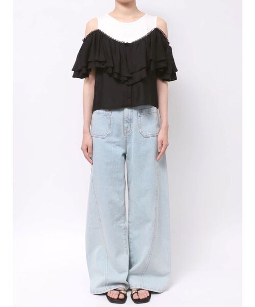 LAGUNAMOON(ラグナムーン)の「フレアデザインドッキングカットトップス 【夏服】【半袖】(Tシャツ/カットソー・レディース・ブラック/アイボリー・FREE)」の12枚目の写真