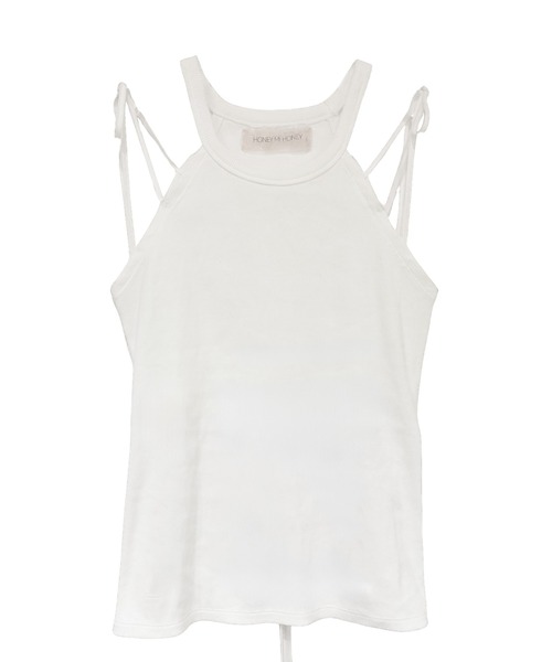 HONEY MI HONEY（ハニーミーハニー）の「rib ribbon halter tops（タンクトップ・レディース・ブラック/グレー/ブラック×ホワイト/ホワイト・FREE）」の2枚目の写真