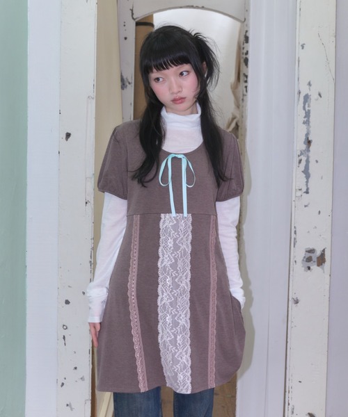 Smyeon(スミョン)の「Lace detail t-shirt dress/レース付きカットワンピース(ワンピース・レディース・グレー/ブラウン・FREE)」の1枚目の写真