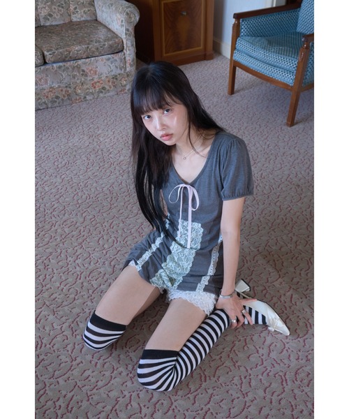 Smyeon(スミョン)の「Lace detail t-shirt dress/レース付きカットワンピース(ワンピース・レディース・グレー/ブラウン・FREE)」の18枚目の写真