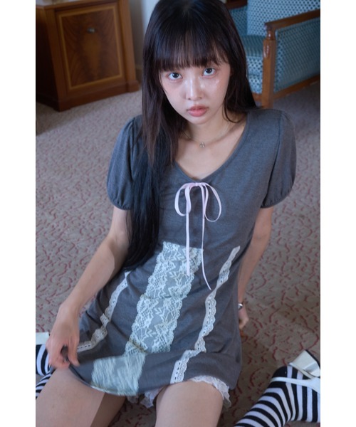 Smyeon(スミョン)の「Lace detail t-shirt dress/レース付きカットワンピース(ワンピース・レディース・グレー/ブラウン・FREE)」の19枚目の写真