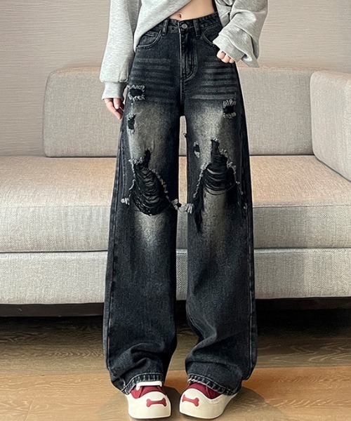 AMAJI(アマジ)の「ダメージ加工 デニム ワイドストレート ロングパンツ(デニムパンツ・レディース・ライトブルー/ブラック・X-LARGE/LARGE/MEDIUM/SMALL)」の2枚目の写真