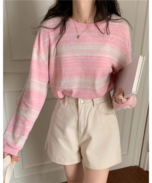 CHEER(チアー)の「ルーズサイズマルチ ボーダーカットソー(Tシャツ/カットソー・レディース・ブラック/ブルー/グリーン/ピンク・FREE)」の6枚目の写真