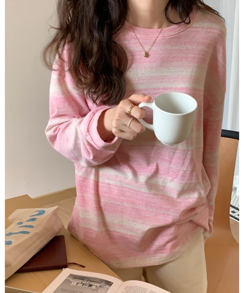 CHEER(チアー)の「ルーズサイズマルチ ボーダーカットソー(Tシャツ/カットソー・レディース・ブラック/ブルー/グリーン/ピンク・FREE)」の7枚目の写真