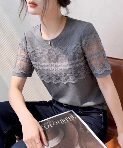 セール】レース切替ラウンドネックTシャツ（Tシャツ/カットソー