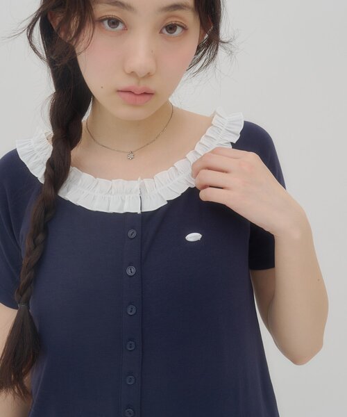 DISCOAT（ディスコート）の「【umm.】衿フリル半袖カットカーディガン（Tシャツ/カットソー・レディース・ネイビー/グリーン/グレー/サックスブルー/アイボリー・FREE）」の4枚目の写真