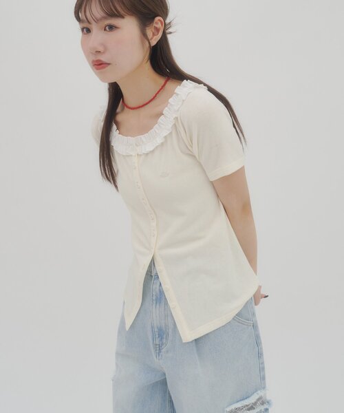DISCOAT（ディスコート）の「【umm.】衿フリル半袖カットカーディガン（Tシャツ/カットソー・レディース・ネイビー/グリーン/グレー/サックスブルー/アイボリー・FREE）」の16枚目の写真