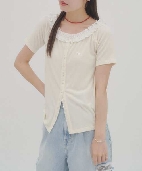 DISCOAT（ディスコート）の「【umm.】衿フリル半袖カットカーディガン（Tシャツ/カットソー・レディース・ネイビー/グリーン/グレー/サックスブルー/アイボリー・FREE）」の17枚目の写真