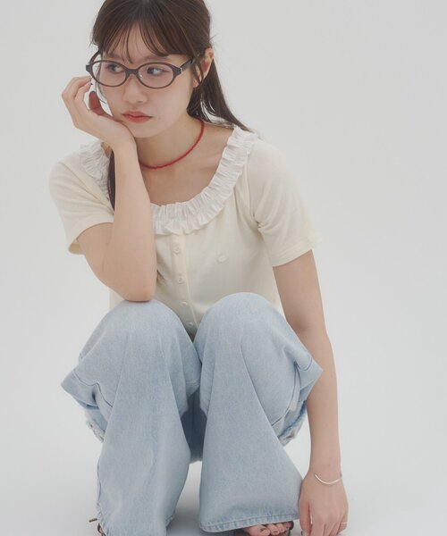 DISCOAT（ディスコート）の「【umm.】衿フリル半袖カットカーディガン（Tシャツ/カットソー・レディース・ネイビー/グリーン/グレー/サックスブルー/アイボリー・FREE）」の18枚目の写真