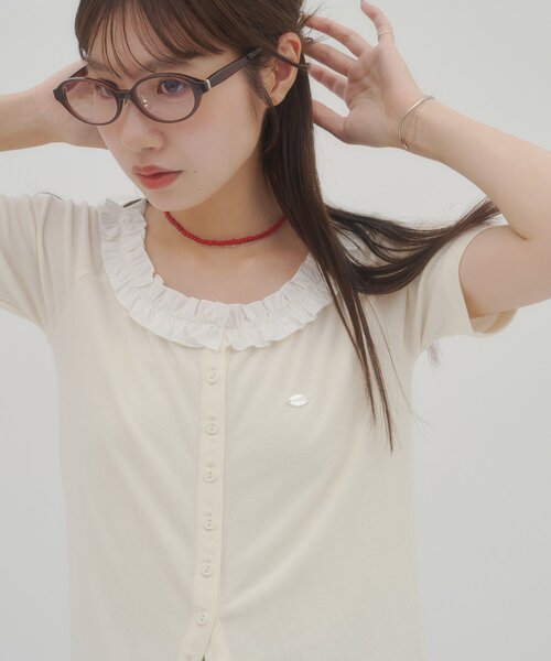DISCOAT（ディスコート）の「【umm.】衿フリル半袖カットカーディガン（Tシャツ/カットソー・レディース・ネイビー/グリーン/グレー/サックスブルー/アイボリー・FREE）」の19枚目の写真